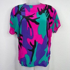 Vintage Flora Kung Shirt Womens 12 Pink Purple Silk Abstract Bold Artsy 80s 90s